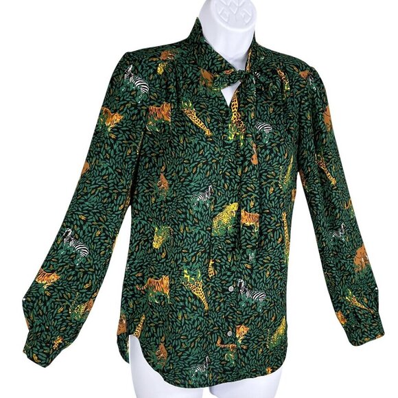 J.Crew Womens Green Jungle Print Long Sleeve Button Up Blouse Tie Neck XXS Artsy - Picture 1 of 15
